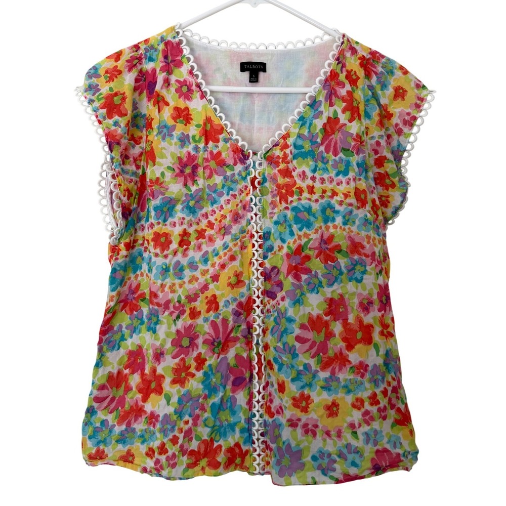 Talbots Womens Small Floral Cotton Voile Blouse V-Neck Scallop Trim Top